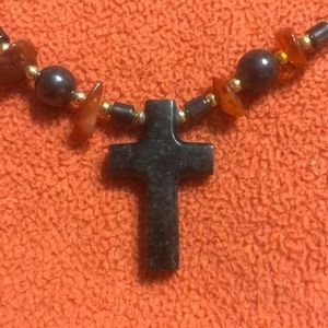Stone Cross with Raw amber accents necklace